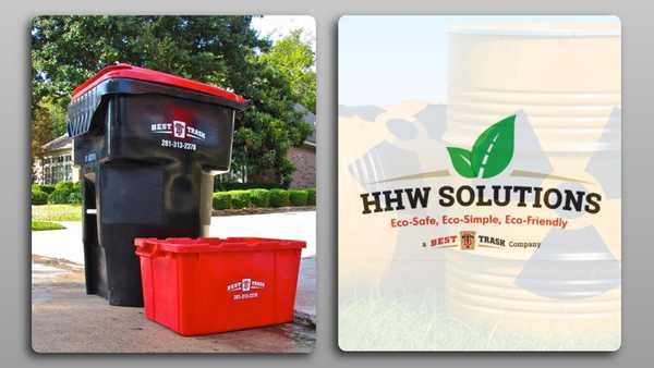 Black trash cart and red recycling bin from Best Trash displayed curbside next to an HHW Solutions graphic promoting eco-friendly household hazardous waste disposal services.